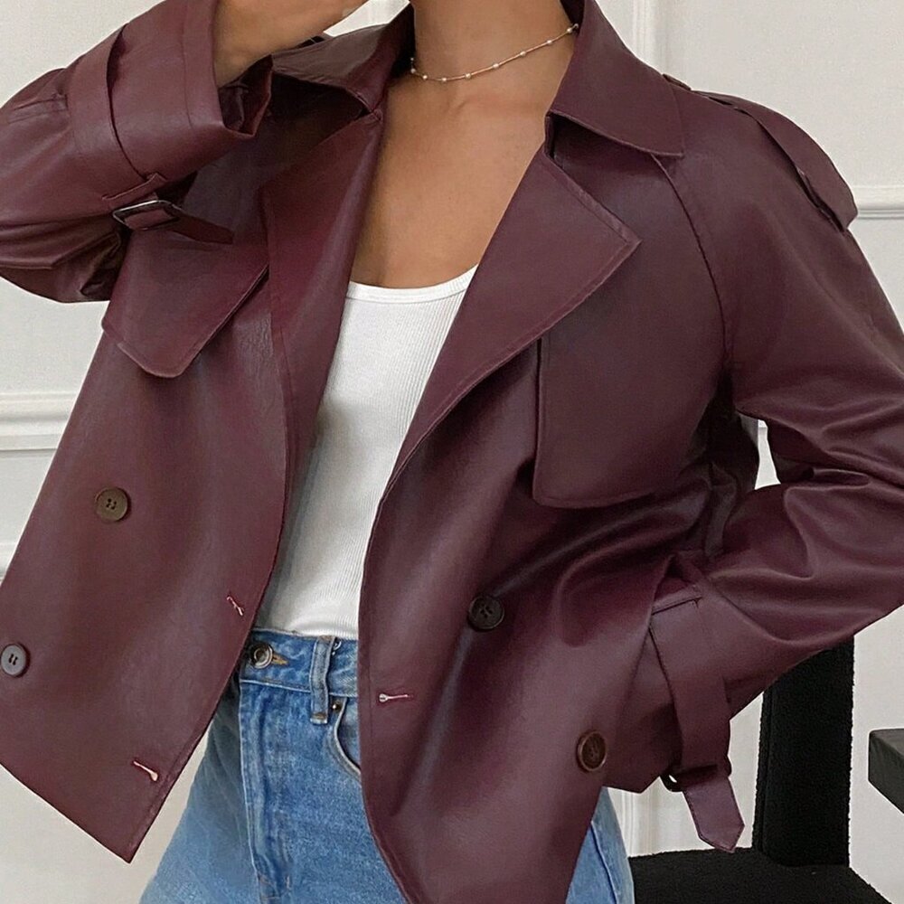 Burgundy Women's Double-Breasted Faux Leather cropped trench jacket coat - Picture 6 of 8